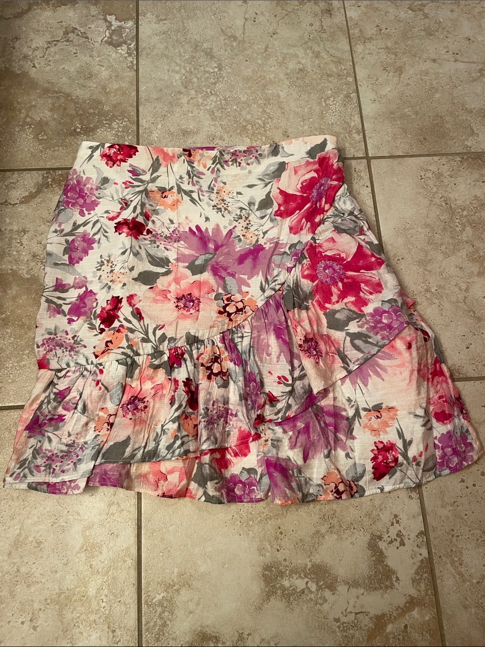 Express Floral Ruffle  Lined Mini Skirt - Pink, Purple & Gray